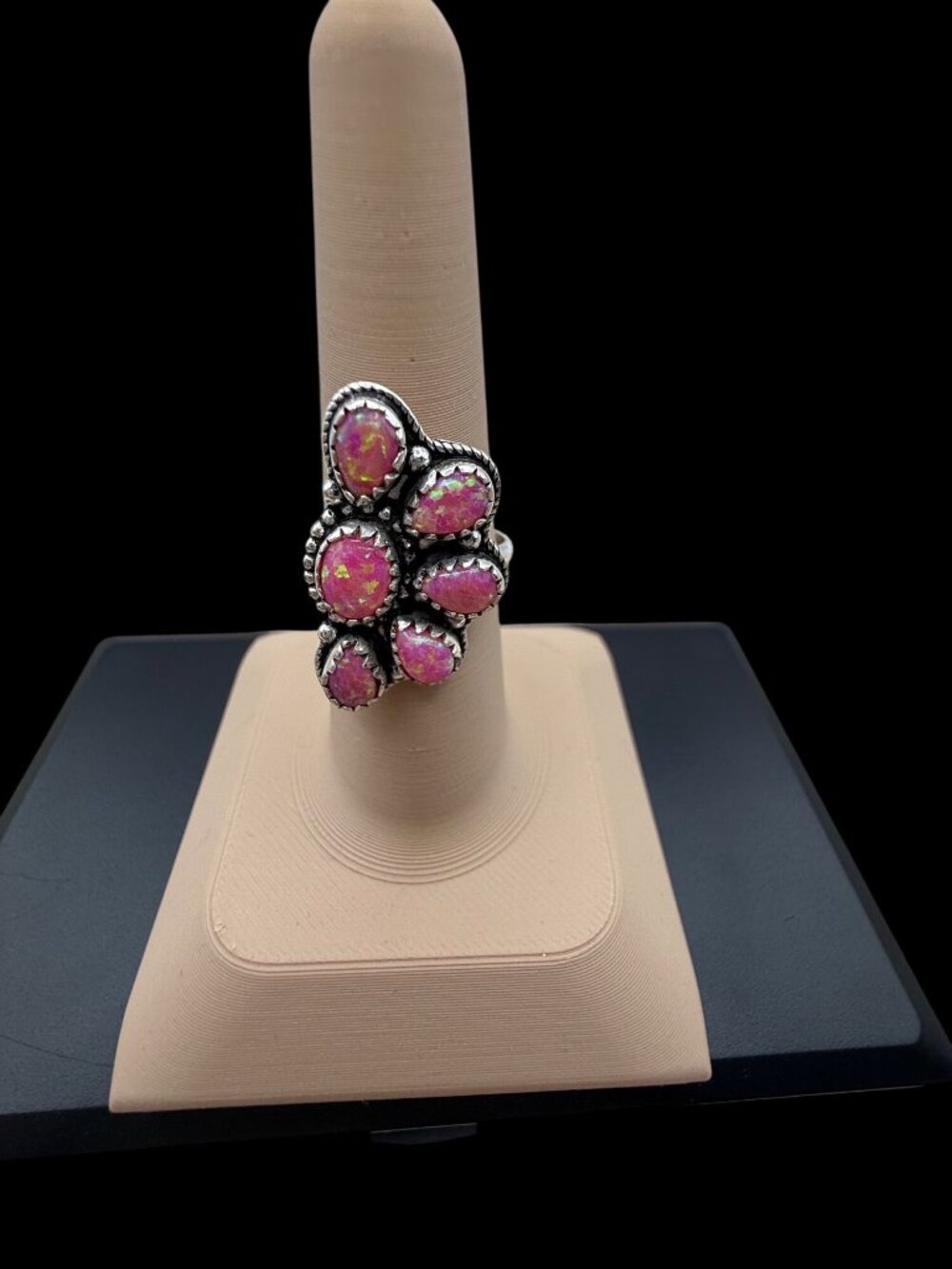 Artisan Sterling Silver Pink Balloon Opal Floral Cluster Statement Ring Sz 6.75